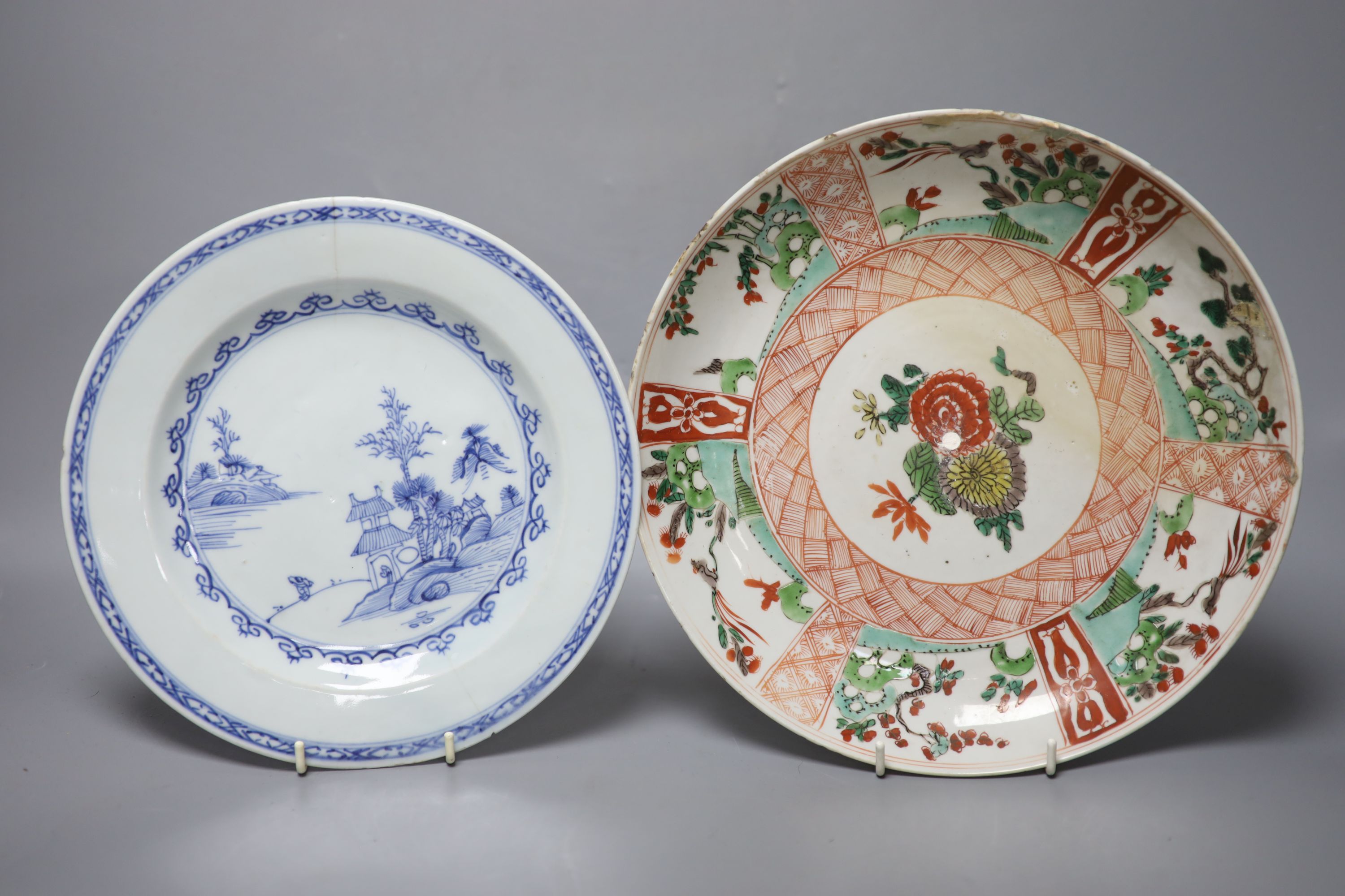 A Chinese Kangxi famille verte dish, 26.5cm, a Chinese blue and white plate and a blue glazed censer, inscribed